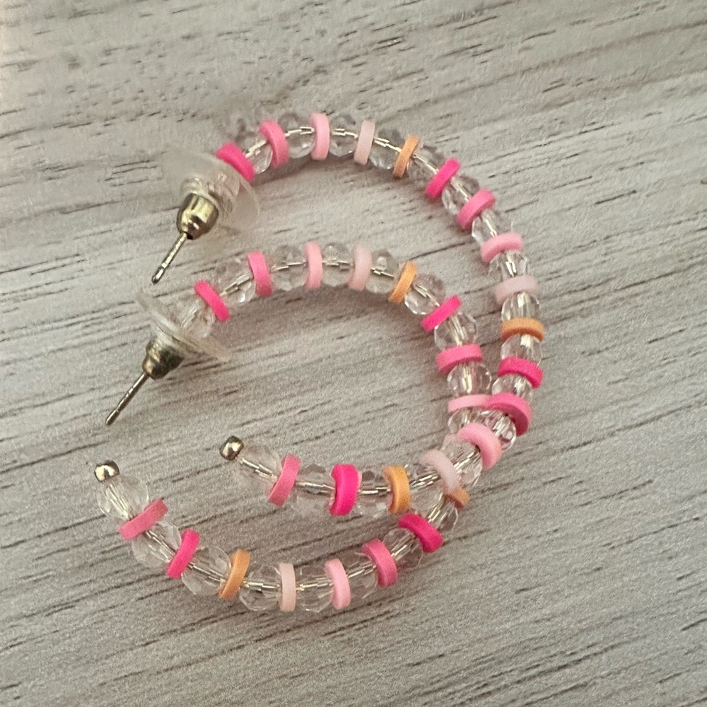 Pink and Orange Beaded Hoop Earrings